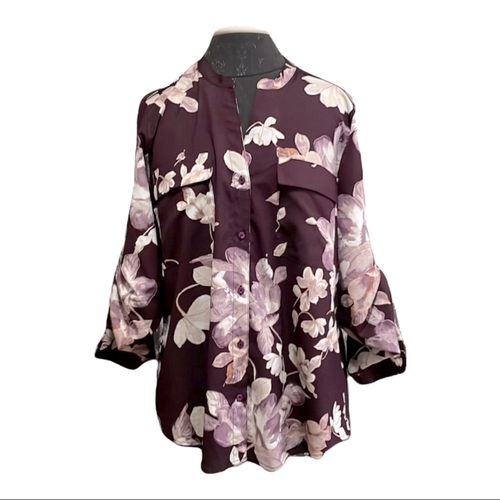 CALVIN KLEIN Womens Burgundy Floral Long Sleeve V Neck Top Size Large